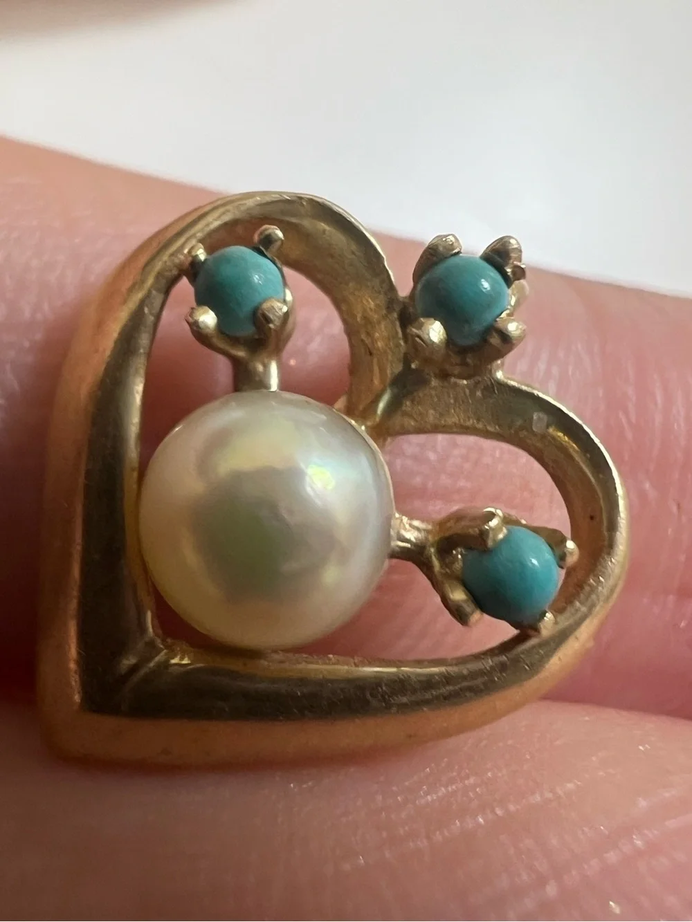 14K Gold Heart Pearl and Turquoise Accent Pendant